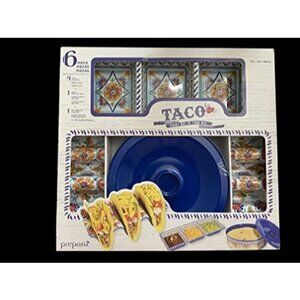 Prepara 6 Piece White Blue Mexican Mosaic Melamine Taco Serving Gift Set New